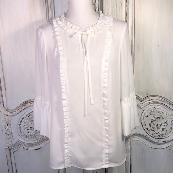 Karl Lagerfeld Popover V Neck Ruffle Mid Sleeve Cream Tie Front Blouse Size S - Picture 1 of 10